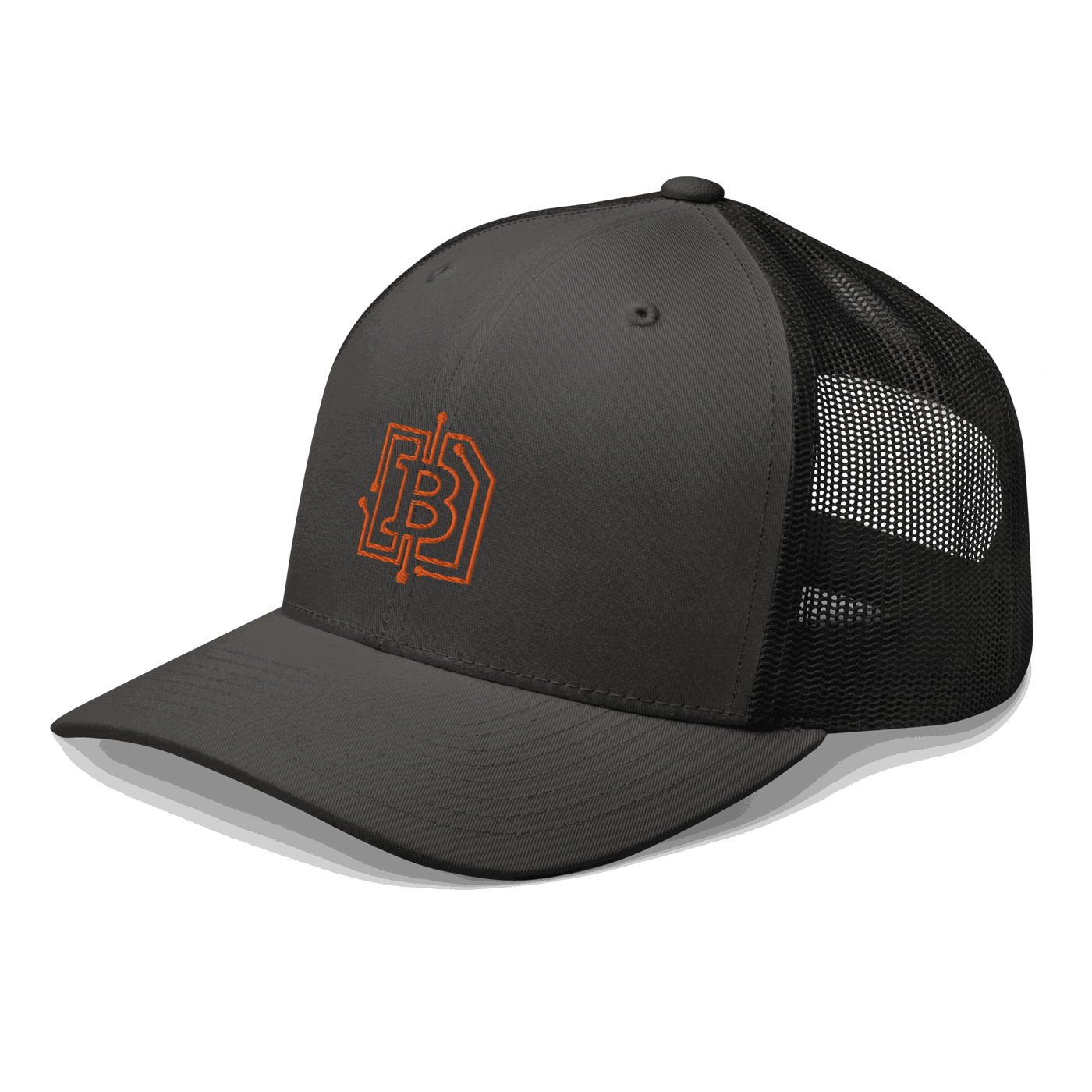 Side view of a charcoal grey and black bitcoin trucker cap.