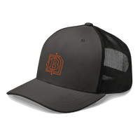 Side view of a charcoal grey and black bitcoin trucker cap.