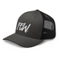 Side view of a charcoal grey and black bitcoin trucker cap.