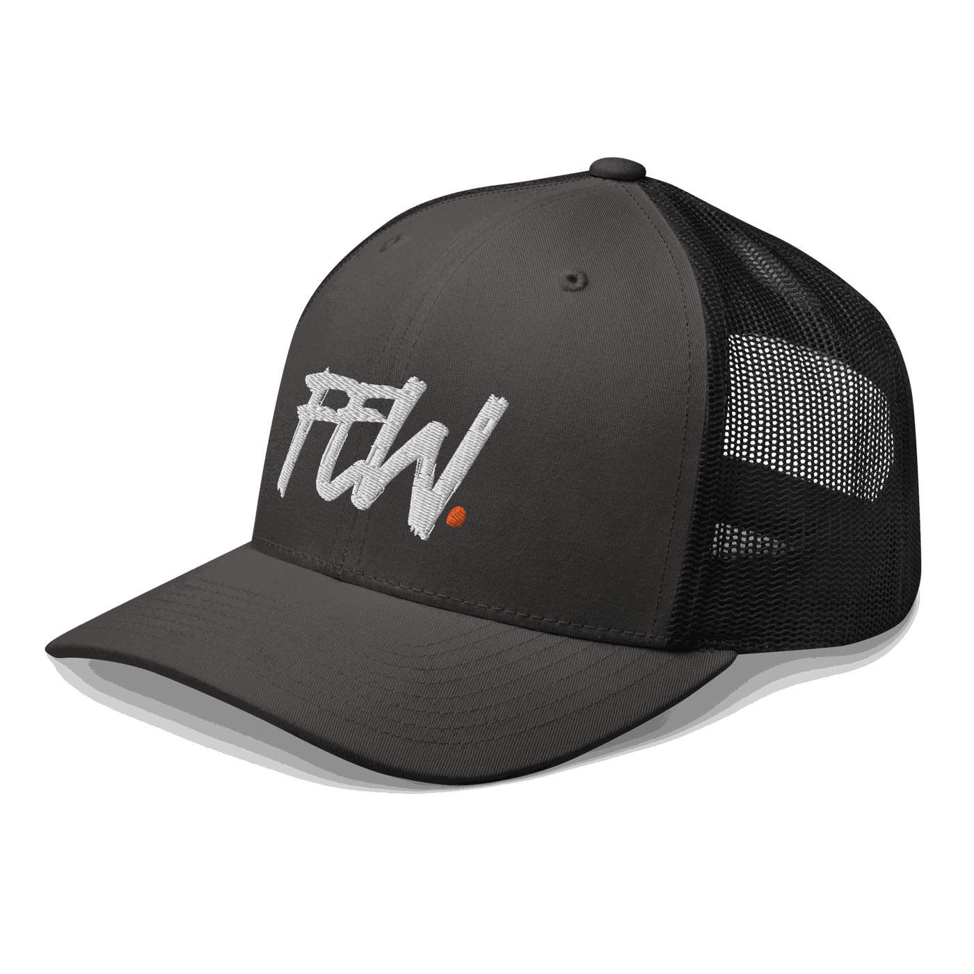Side view of a charcoal grey and black bitcoin trucker cap.