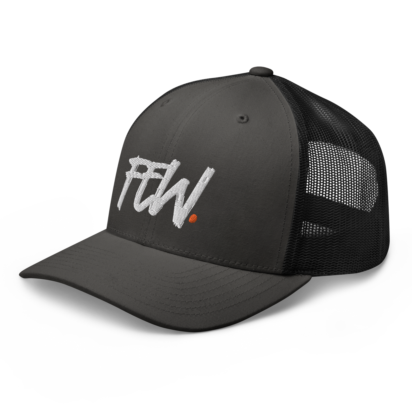 Side view of a charcoal grey and black bitcoin trucker cap.