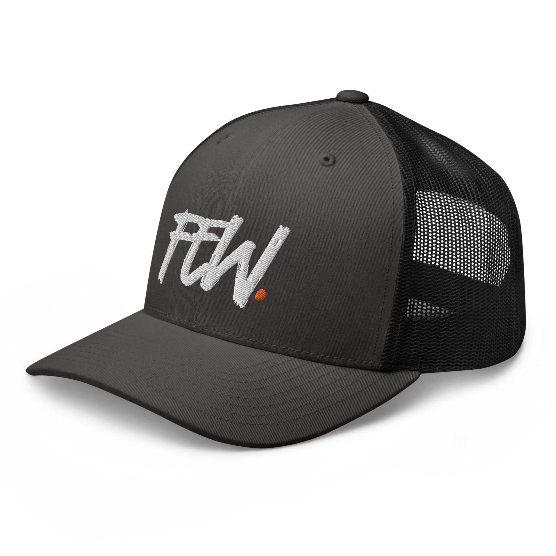 Side view of a charcoal grey and black bitcoin trucker cap.