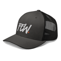 Side view of a charcoal grey and black bitcoin trucker cap.