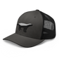 Side view of a charcoal grey and black bitcoin trucker cap.