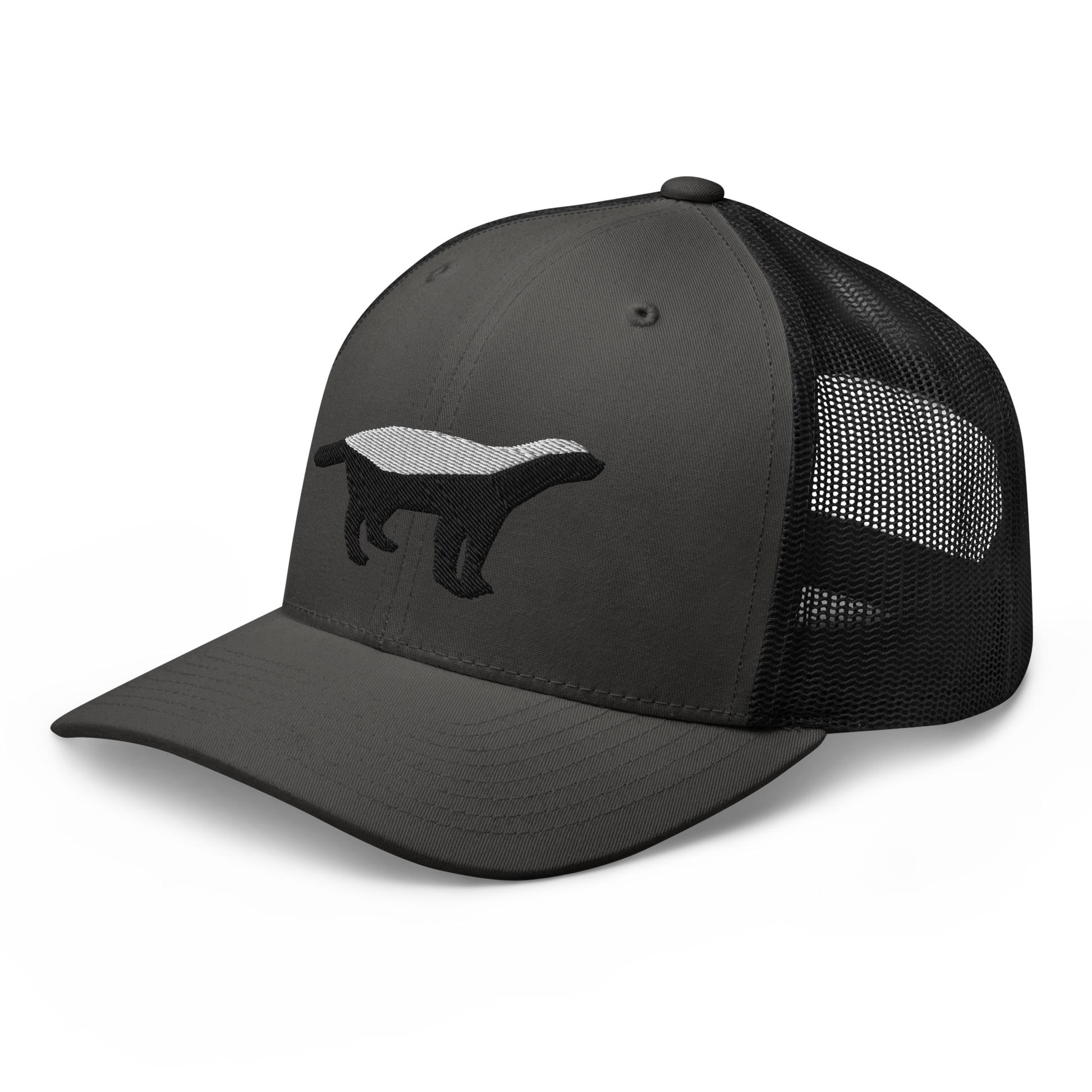 Side view of a charcoal grey and black bitcoin trucker cap.