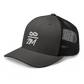 Side view of a charcoal grey and black bitcoin trucker cap.