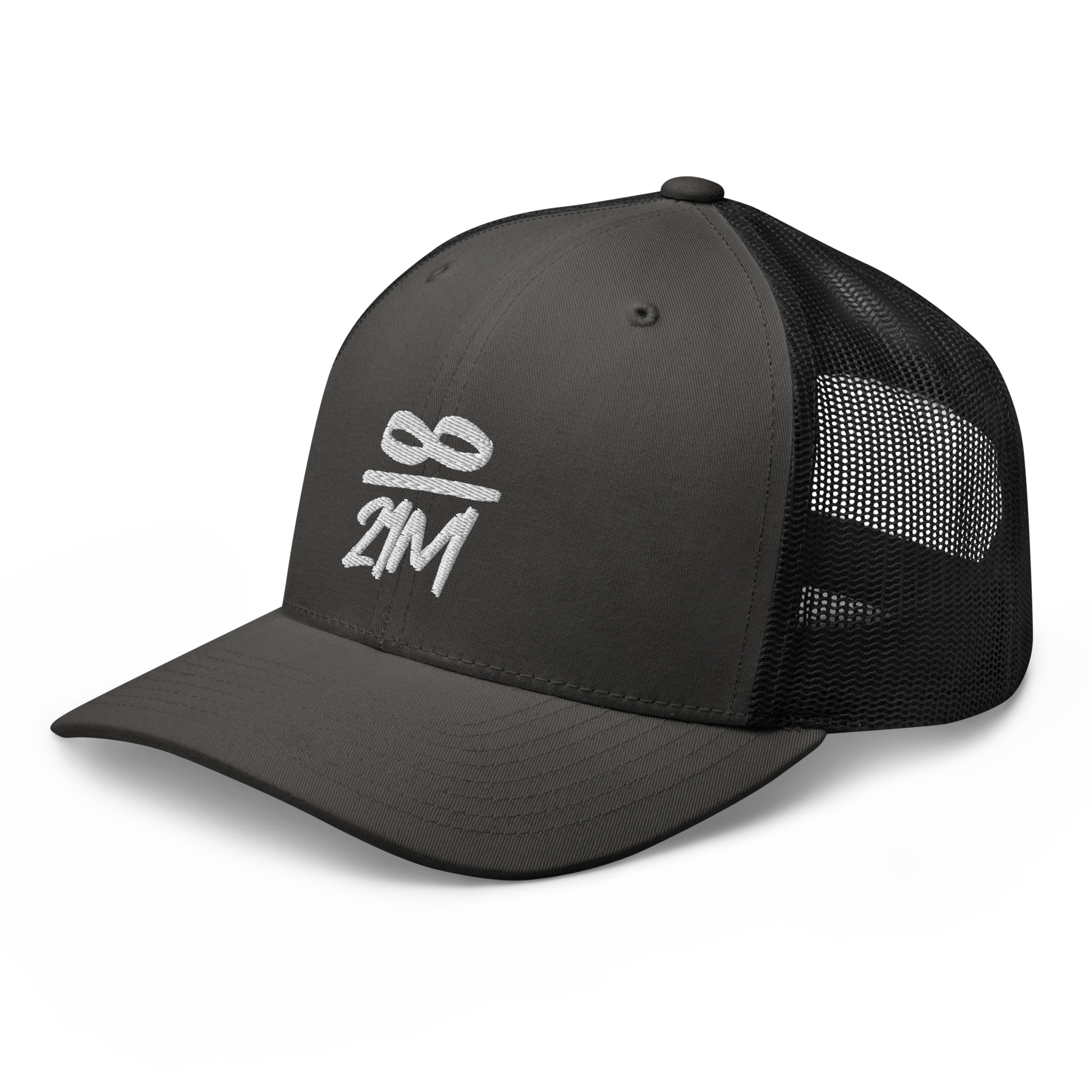 Side view of a charcoal grey and black bitcoin trucker cap.