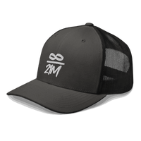 Side view of a charcoal grey and black bitcoin trucker cap.