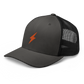 Side view of a charcoal grey and black bitcoin trucker cap.