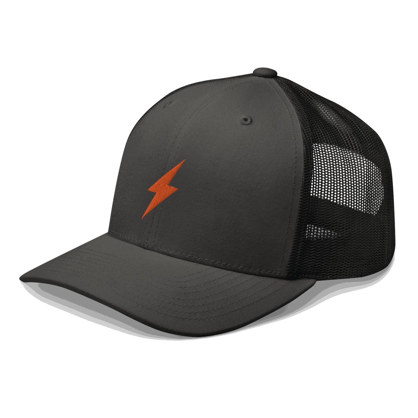 Black six-panel Lightning Bitcoin trucker cap with mesh back and embroidered logo
