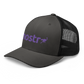 Side view of a charcoal grey and black bitcoin trucker cap.