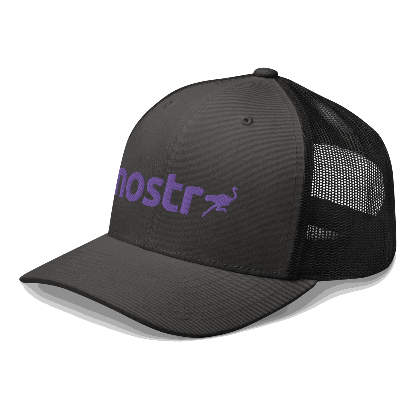 Side view of a charcoal grey and black bitcoin trucker cap.