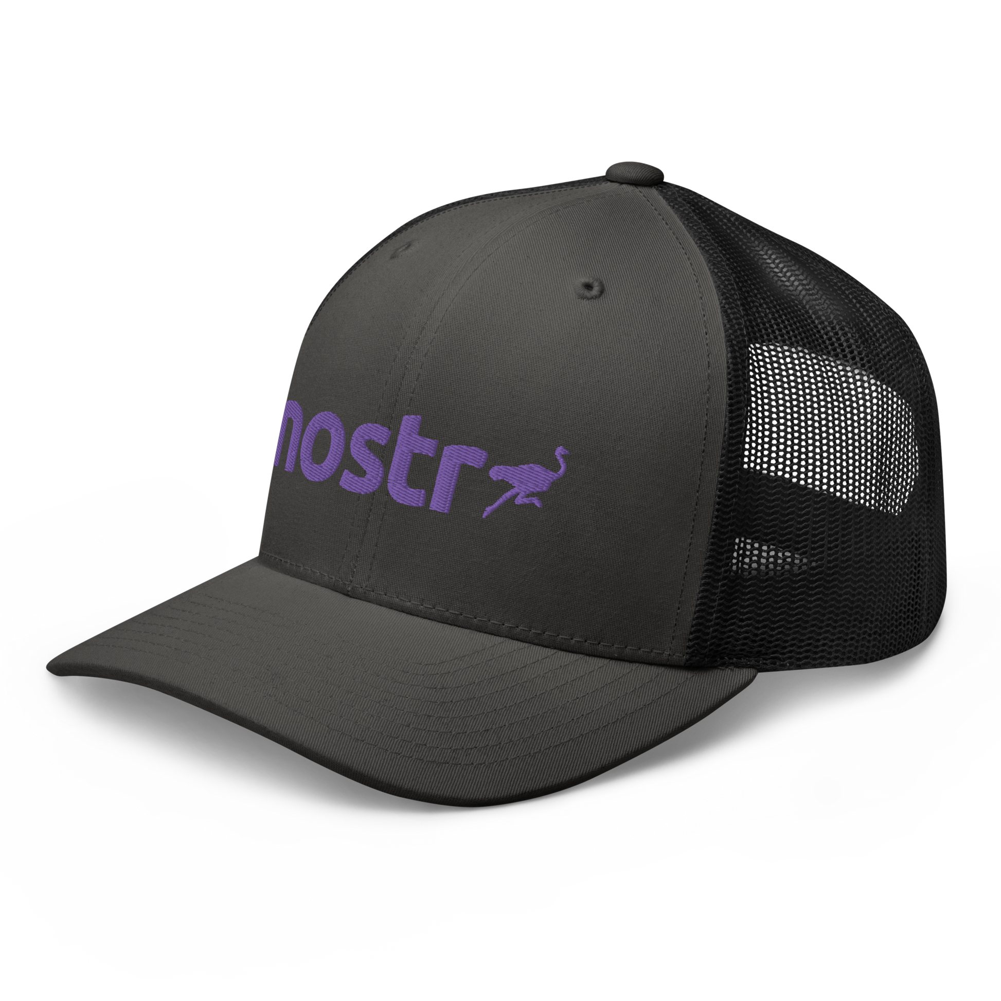 Side view of a charcoal grey and black bitcoin trucker cap.