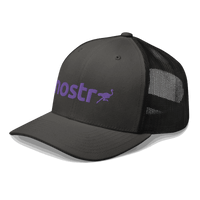 Side view of a charcoal grey and black bitcoin trucker cap.
