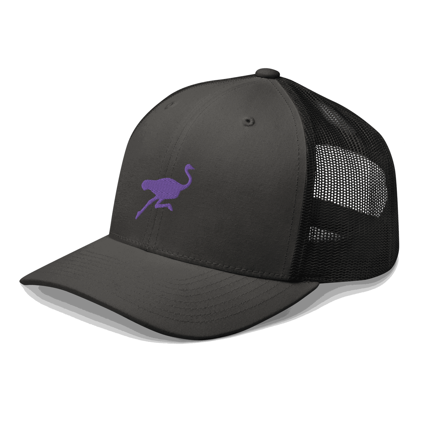 Side view of a charcoal grey and black bitcoin trucker cap.
