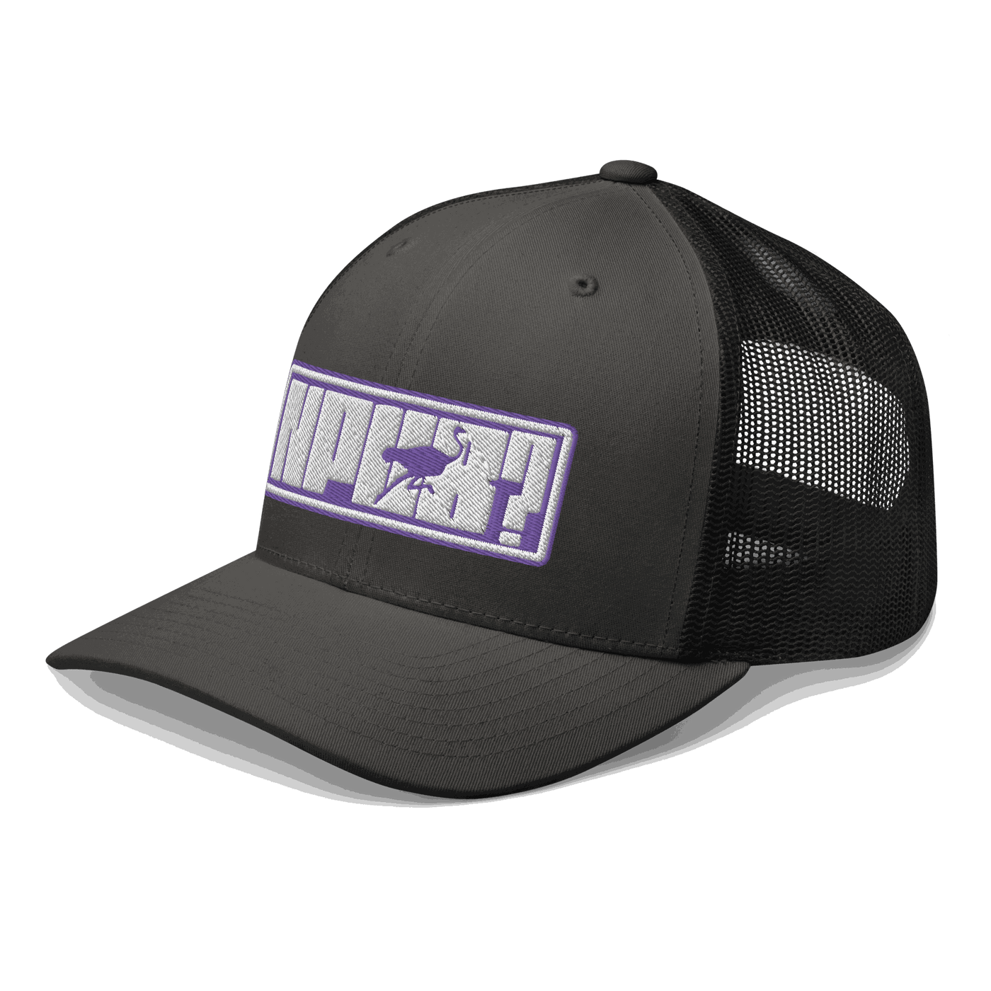 Side view of a charcoal grey and black bitcoin trucker cap.