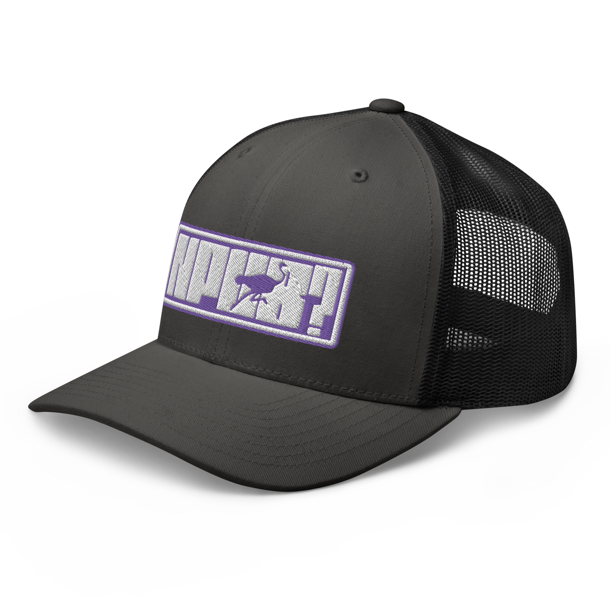 Side view of a charcoal grey and black bitcoin trucker cap.