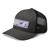 Side view of a charcoal grey and black bitcoin trucker cap.