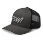 Side view of a charcoal grey and black bitcoin trucker cap.