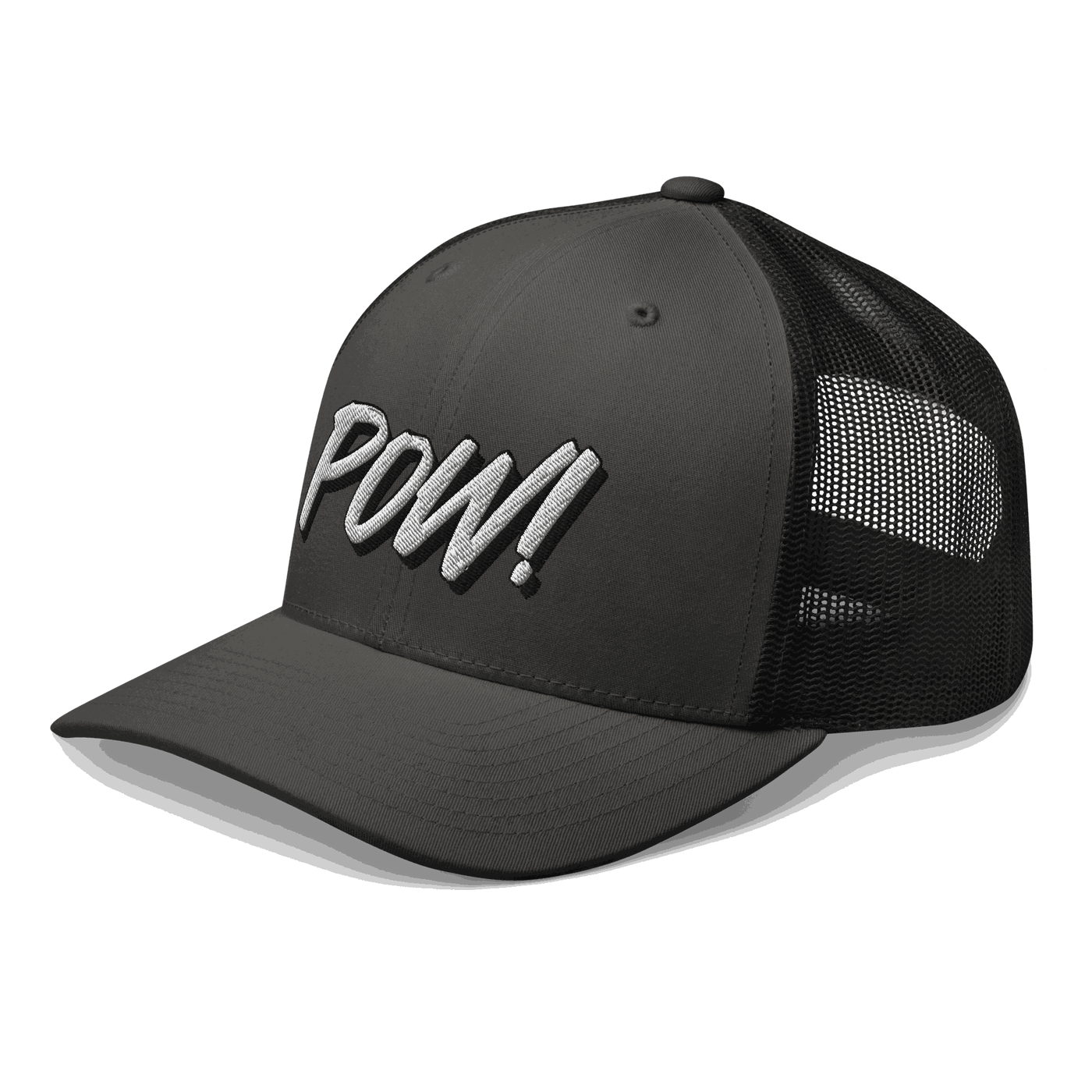 Side view of a charcoal grey and black bitcoin trucker cap.