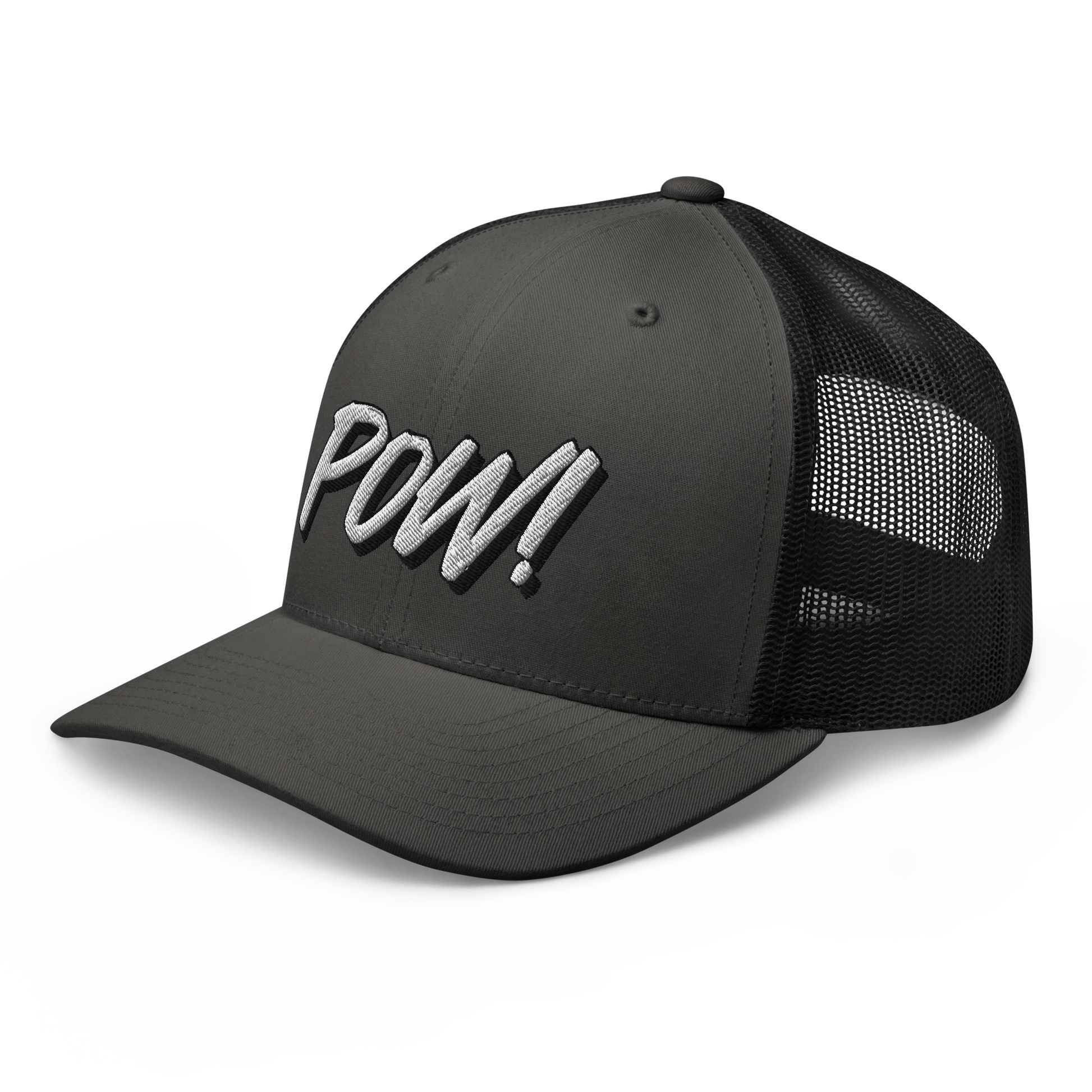 Side view of a charcoal grey and black bitcoin trucker cap.