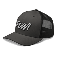 Side view of a charcoal grey and black bitcoin trucker cap.