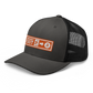 Side view of a charcoal grey and black bitcoin trucker cap.