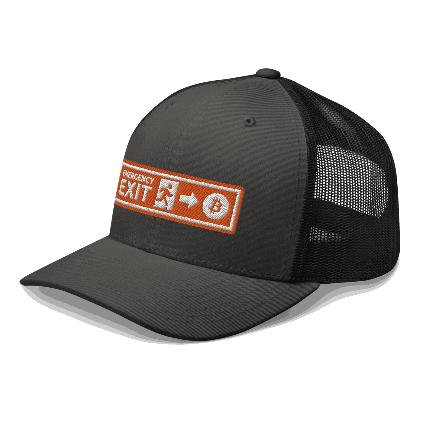 Side view of a charcoal grey and black bitcoin trucker cap.