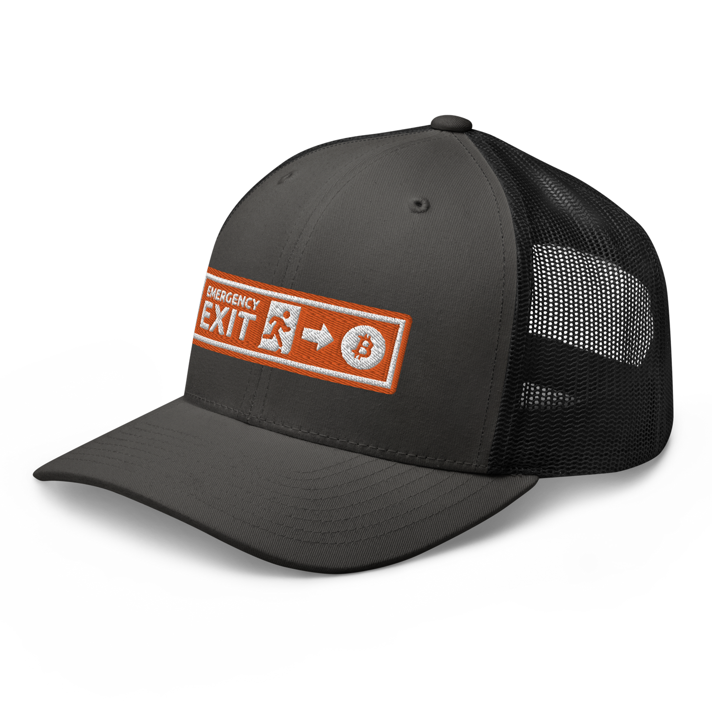 Side view of a charcoal grey and black bitcoin trucker cap.