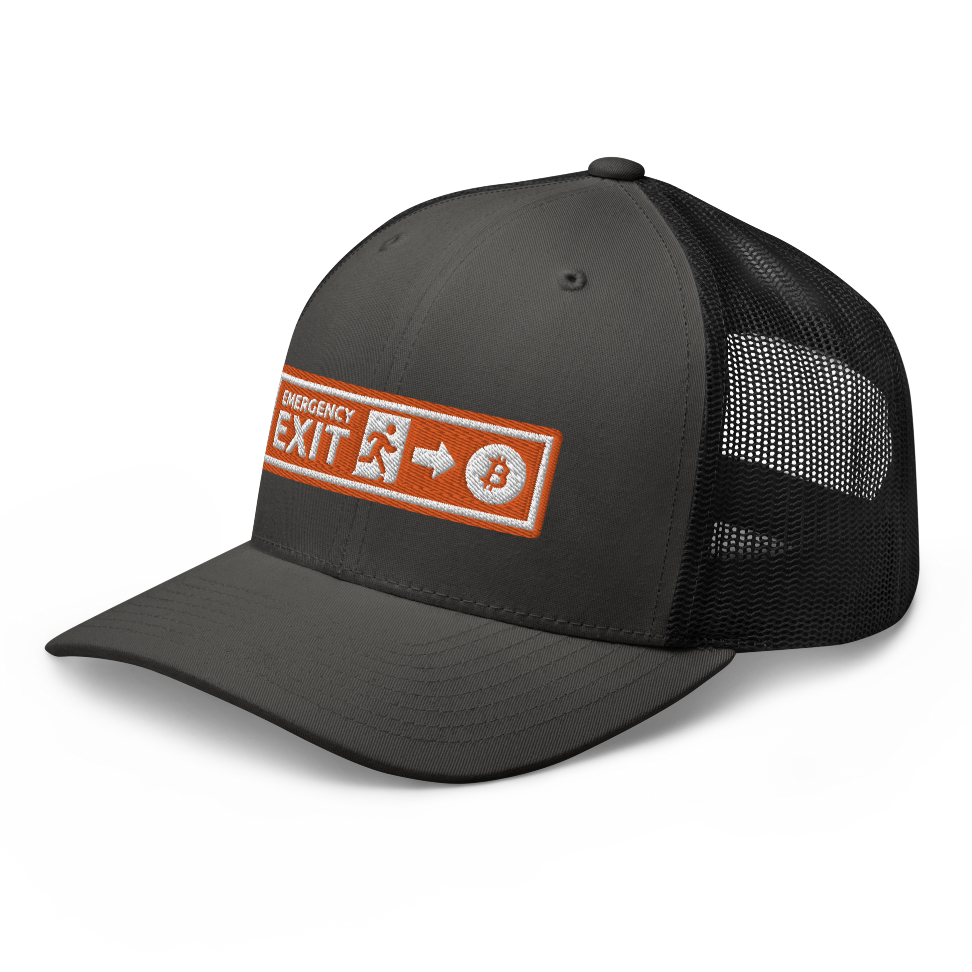 Side view of a charcoal grey and black bitcoin trucker cap.