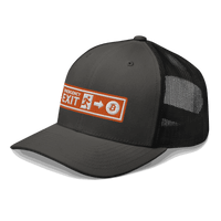 Side view of a charcoal grey and black bitcoin trucker cap.