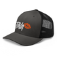 Side view of a charcoal grey and black bitcoin trucker cap.