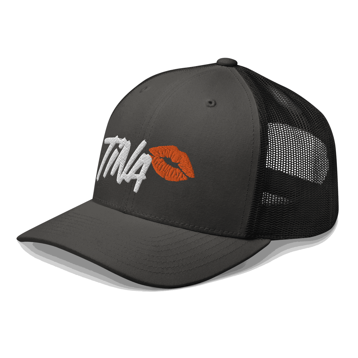 Side view of a charcoal grey and black bitcoin trucker cap.