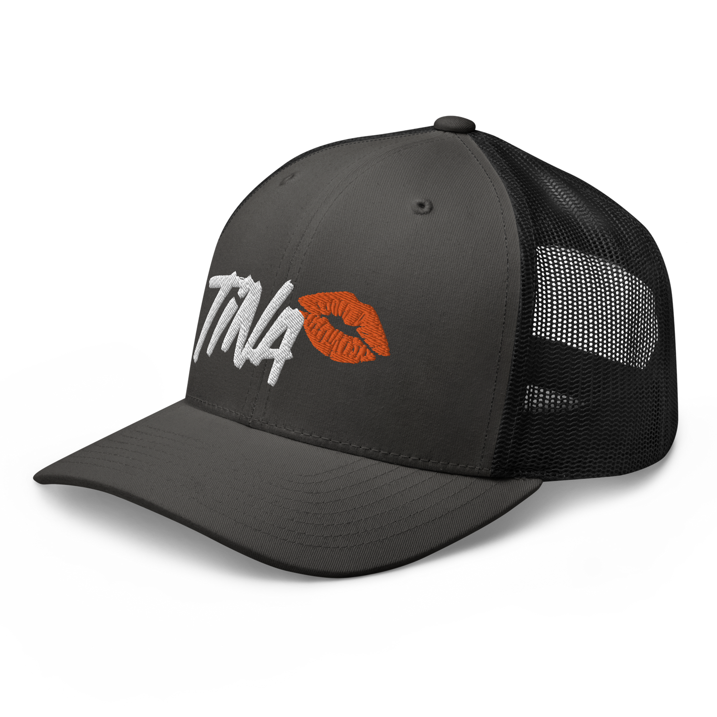 Side view of a charcoal grey and black bitcoin trucker cap.