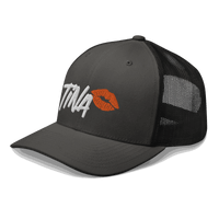 Side view of a charcoal grey and black bitcoin trucker cap.