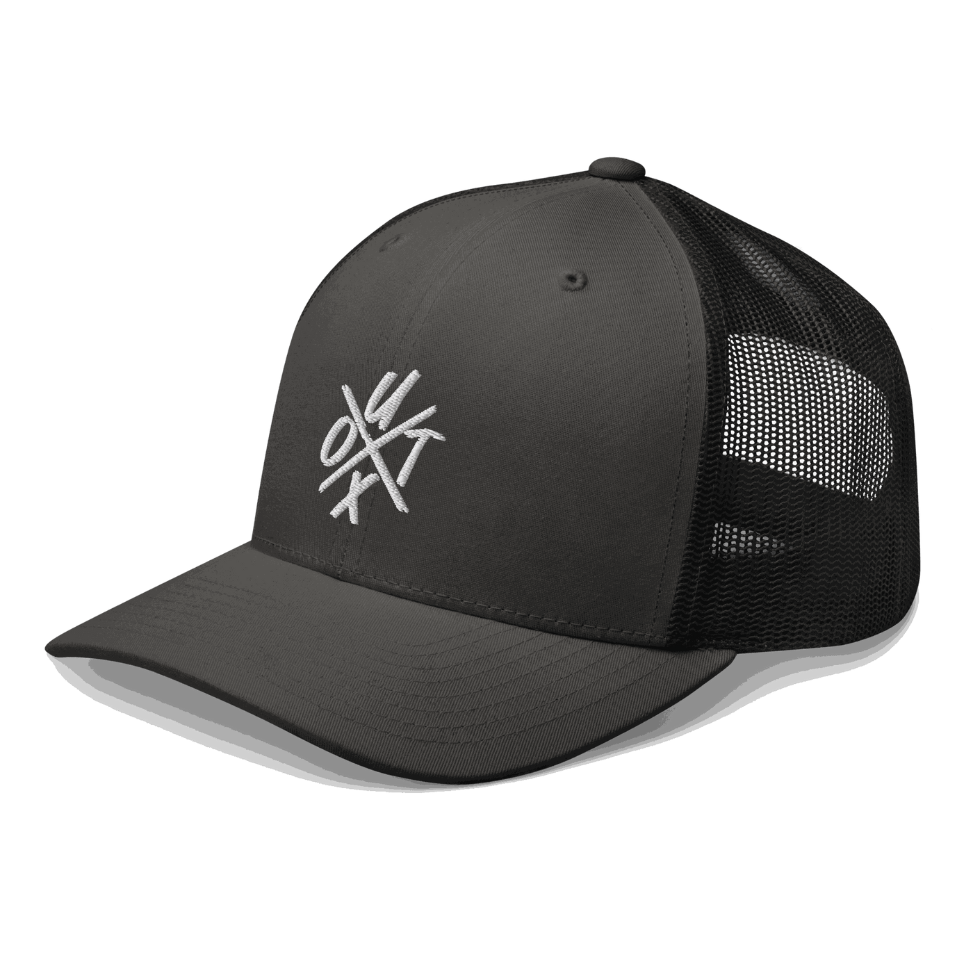 Side view of a charcoal grey and black bitcoin trucker cap.