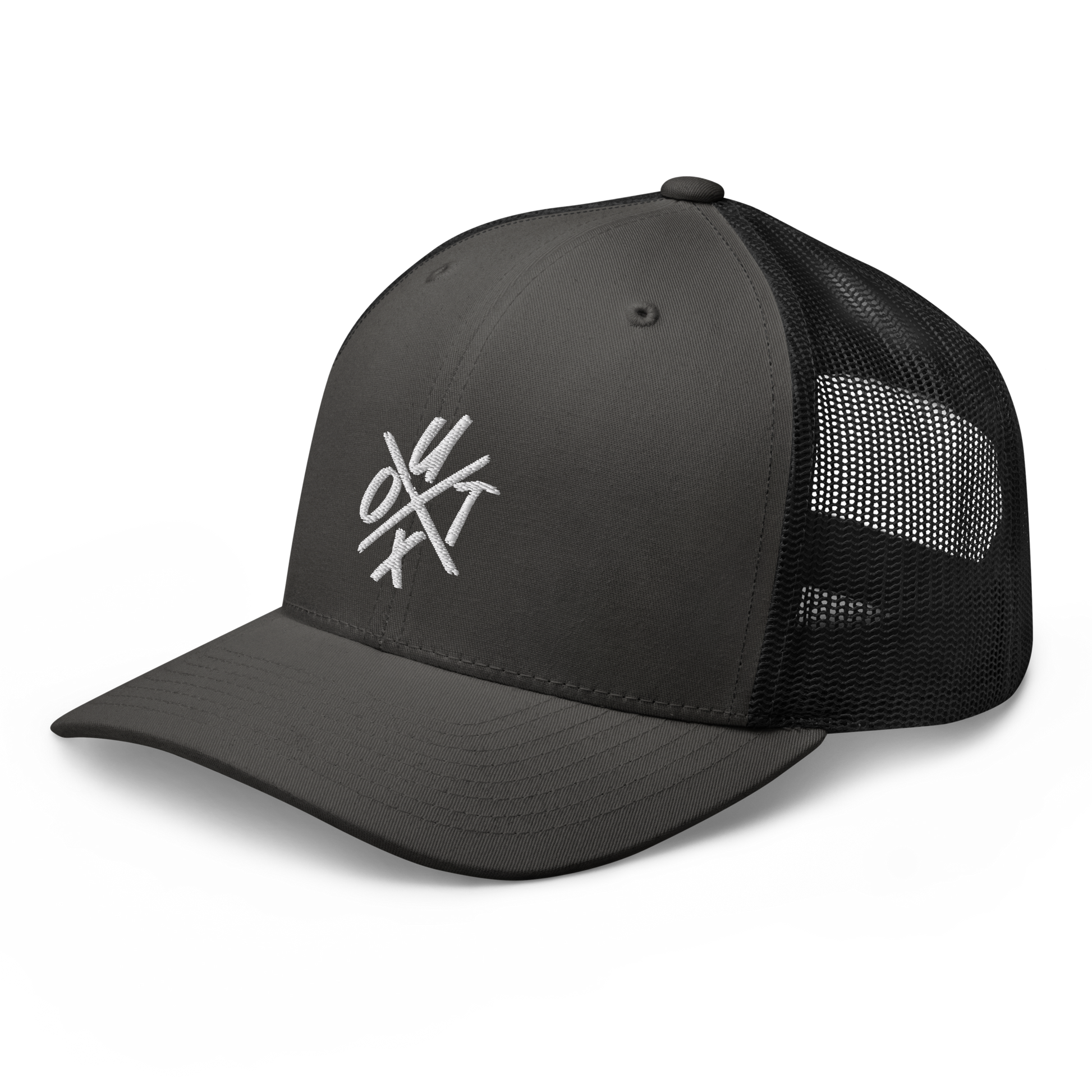 Side view of a charcoal grey and black bitcoin trucker cap.