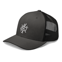 Side view of a charcoal grey and black bitcoin trucker cap.