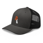 Side view of a charcoal grey and black bitcoin trucker cap.