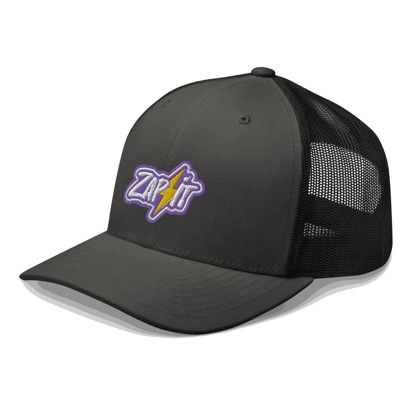 Side view of a charcoal grey and black bitcoin trucker cap.