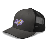 Side view of a charcoal grey and black bitcoin trucker cap.