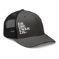 Side view of a charcoal grey and black bitcoin trucker cap.