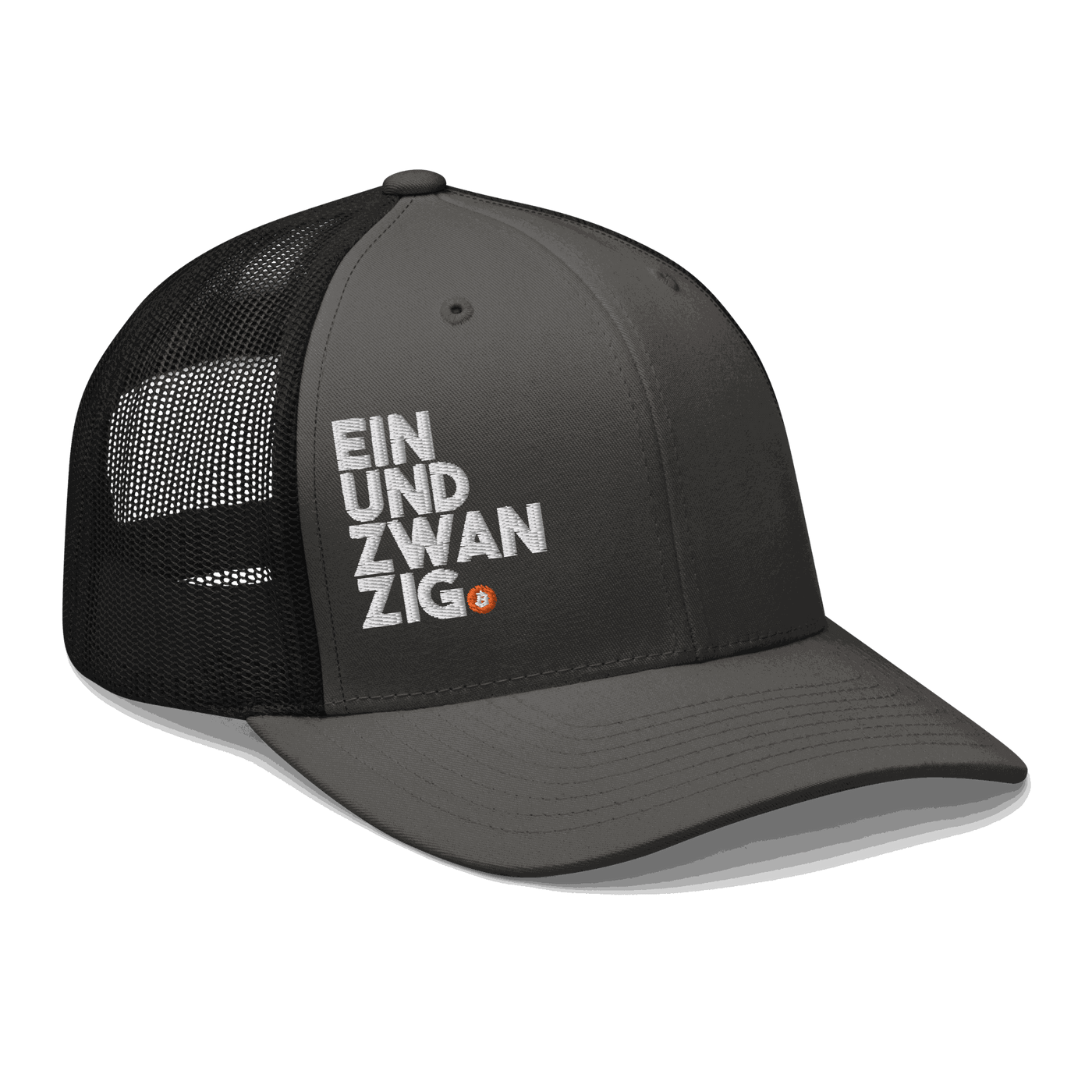 Black Einundzwanzig bitcoin trucker cap with mesh back and embroidered logo