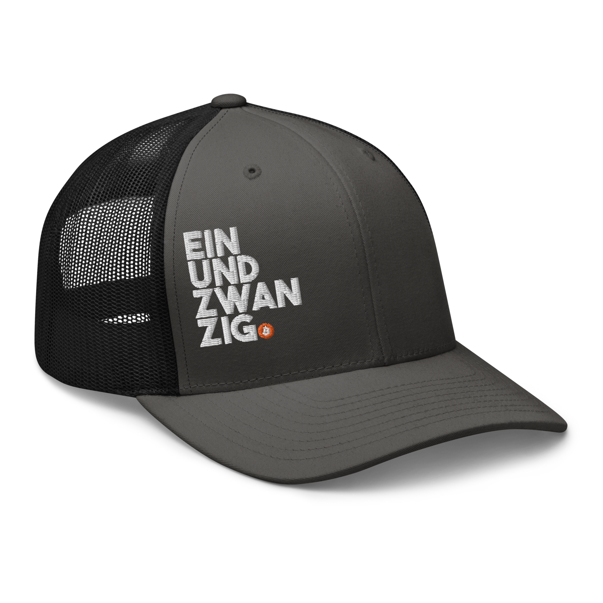 Side view of a charcoal grey and black bitcoin trucker cap.