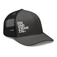 Black Einundzwanzig bitcoin trucker cap with mesh back and embroidered logo