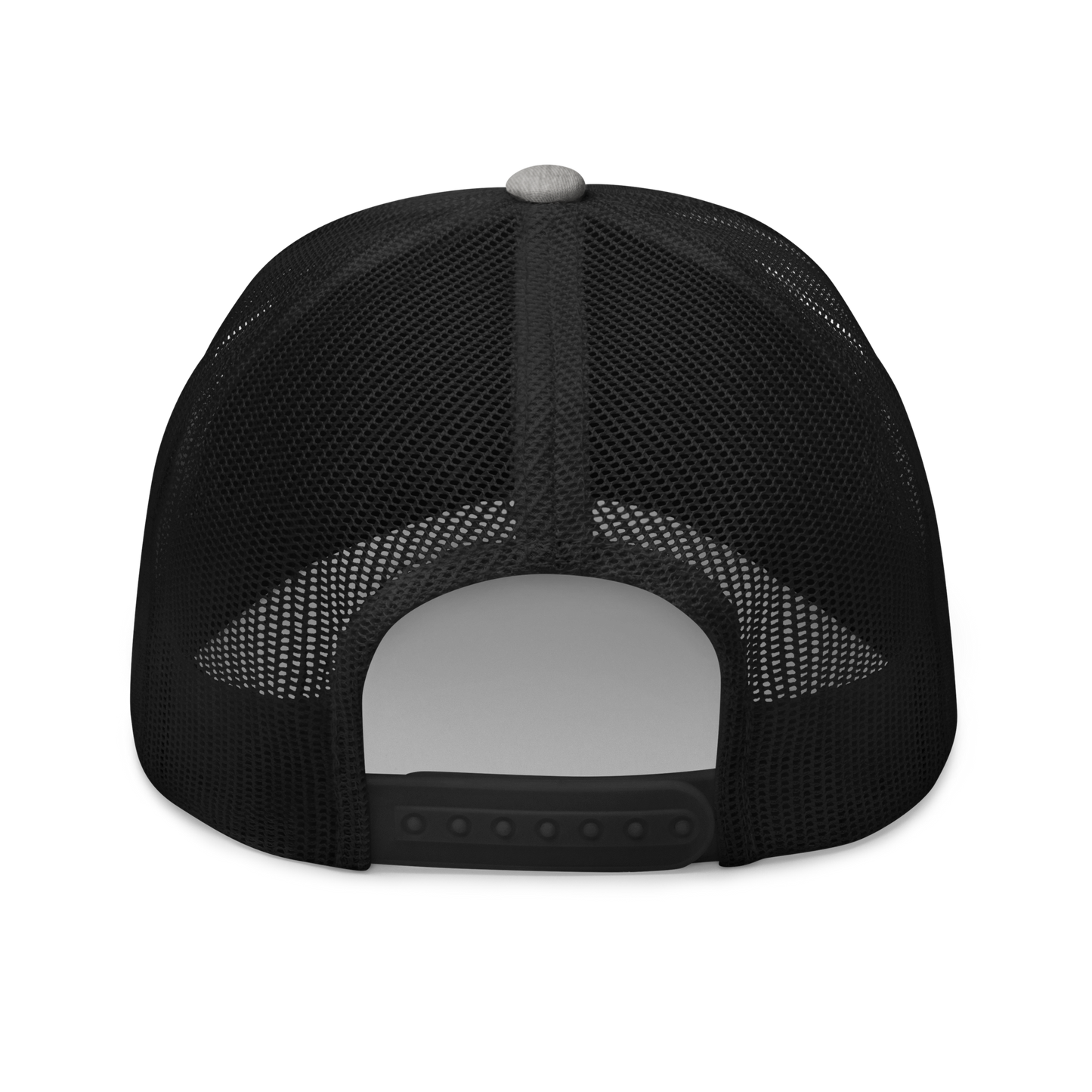 Back view of a heather grey and black bitcoin trucker cap.