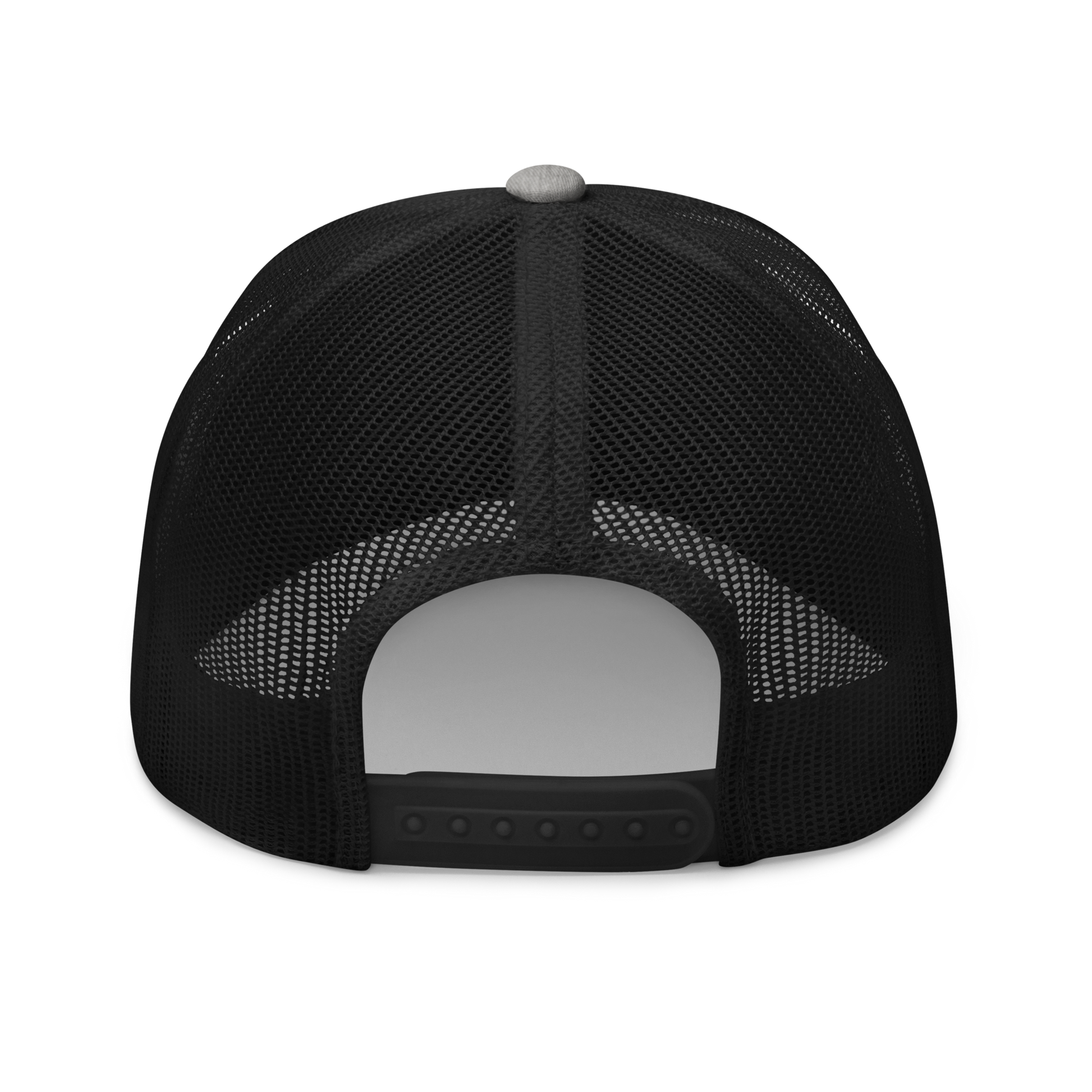 Back view of a heather grey and black bitcoin trucker cap.