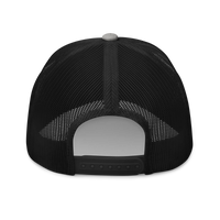 Sats symbol bitcoin trucker cap in Heather/ Black, back view.