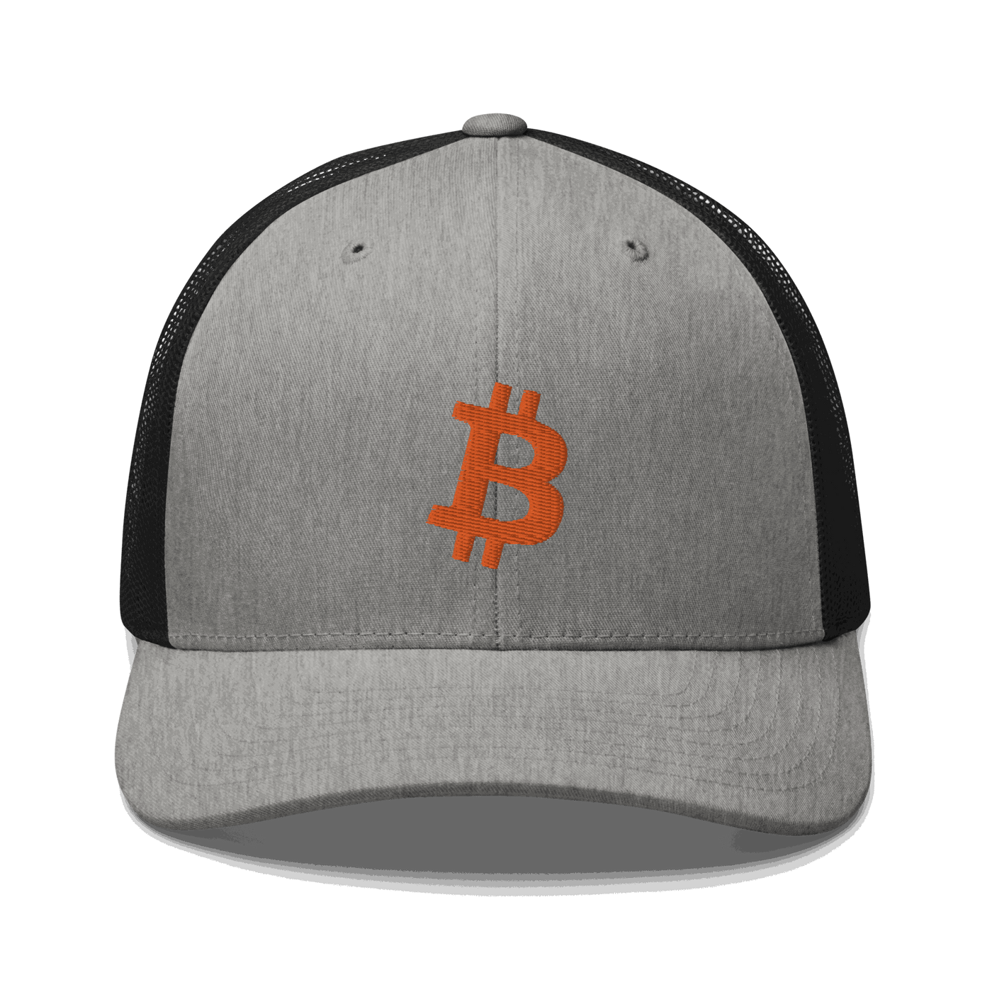 Front view of a heather grey and black bitcoin trucker cap.
