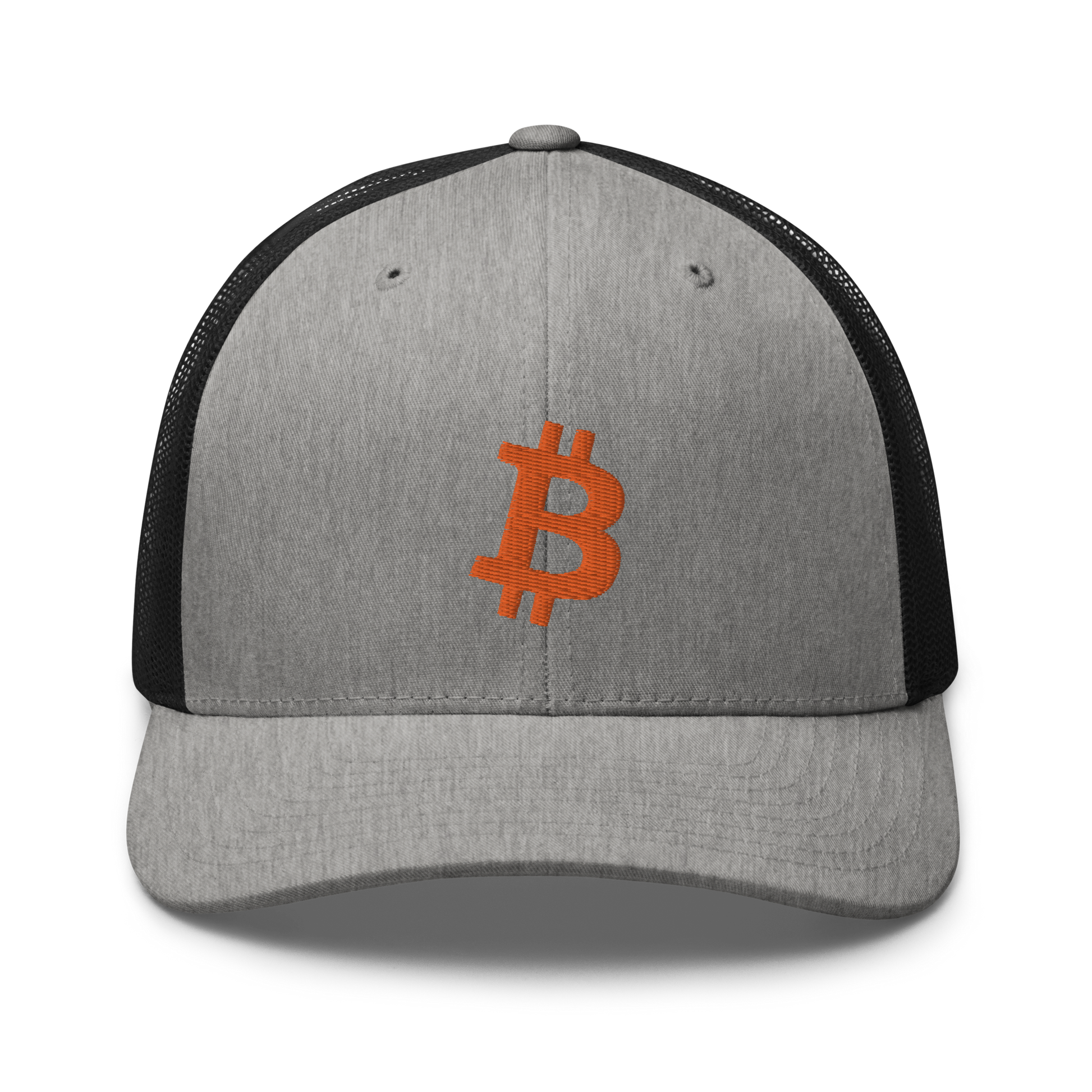 Front view of a heather grey and black bitcoin trucker cap.